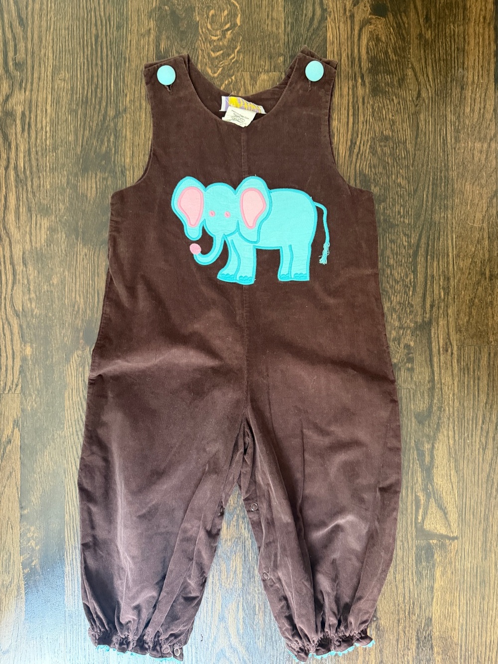 Secret Wishes Brown Corduroy Kids Overalls with Turquoise Elephant Applique